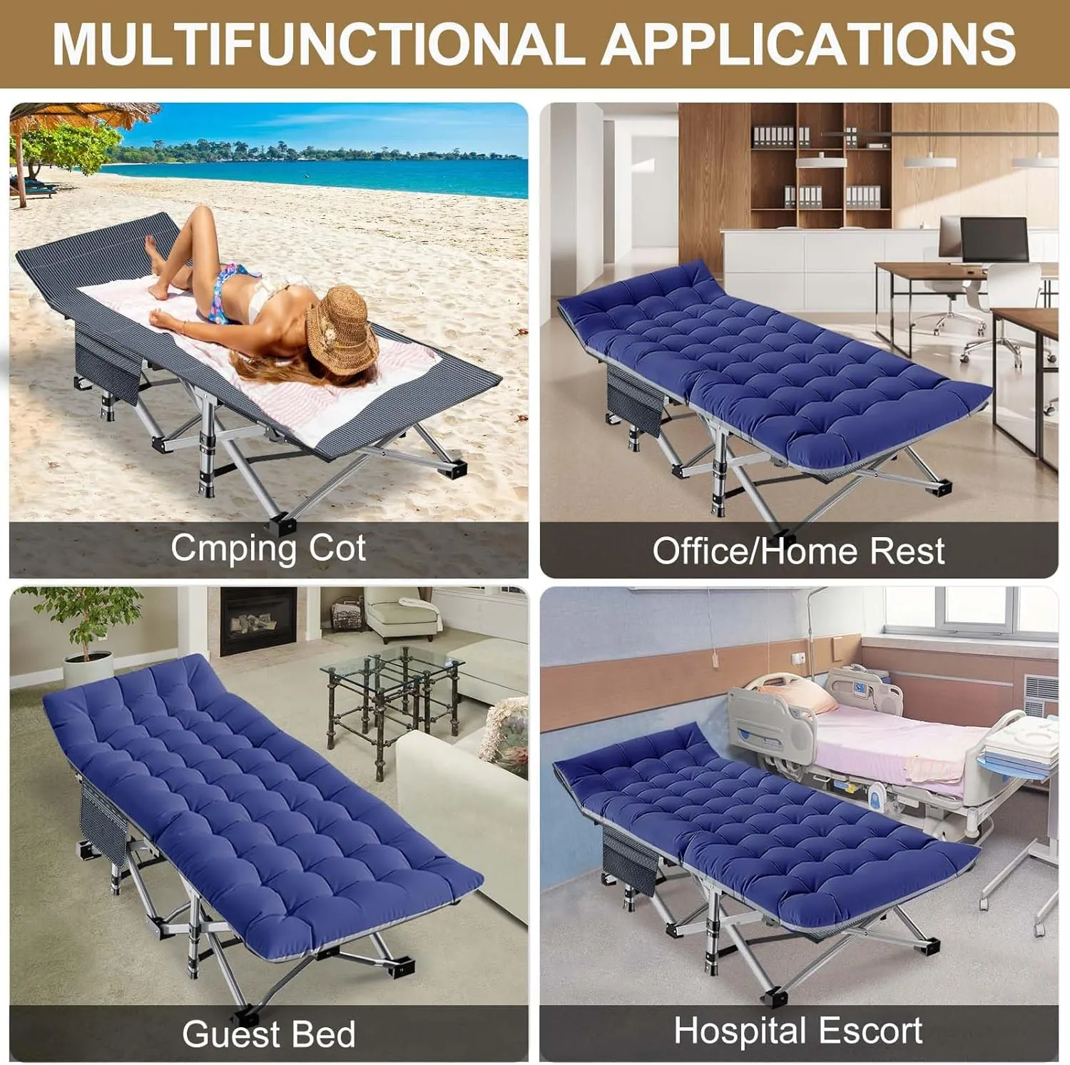 DoCred Oversized XXL Folding Camping Cot with Mattress, 2 Pack Heavy Duty Sleeping Cot Bed Portable Adults Outdoor Bed with Carry Bag, Travel Camp Cots