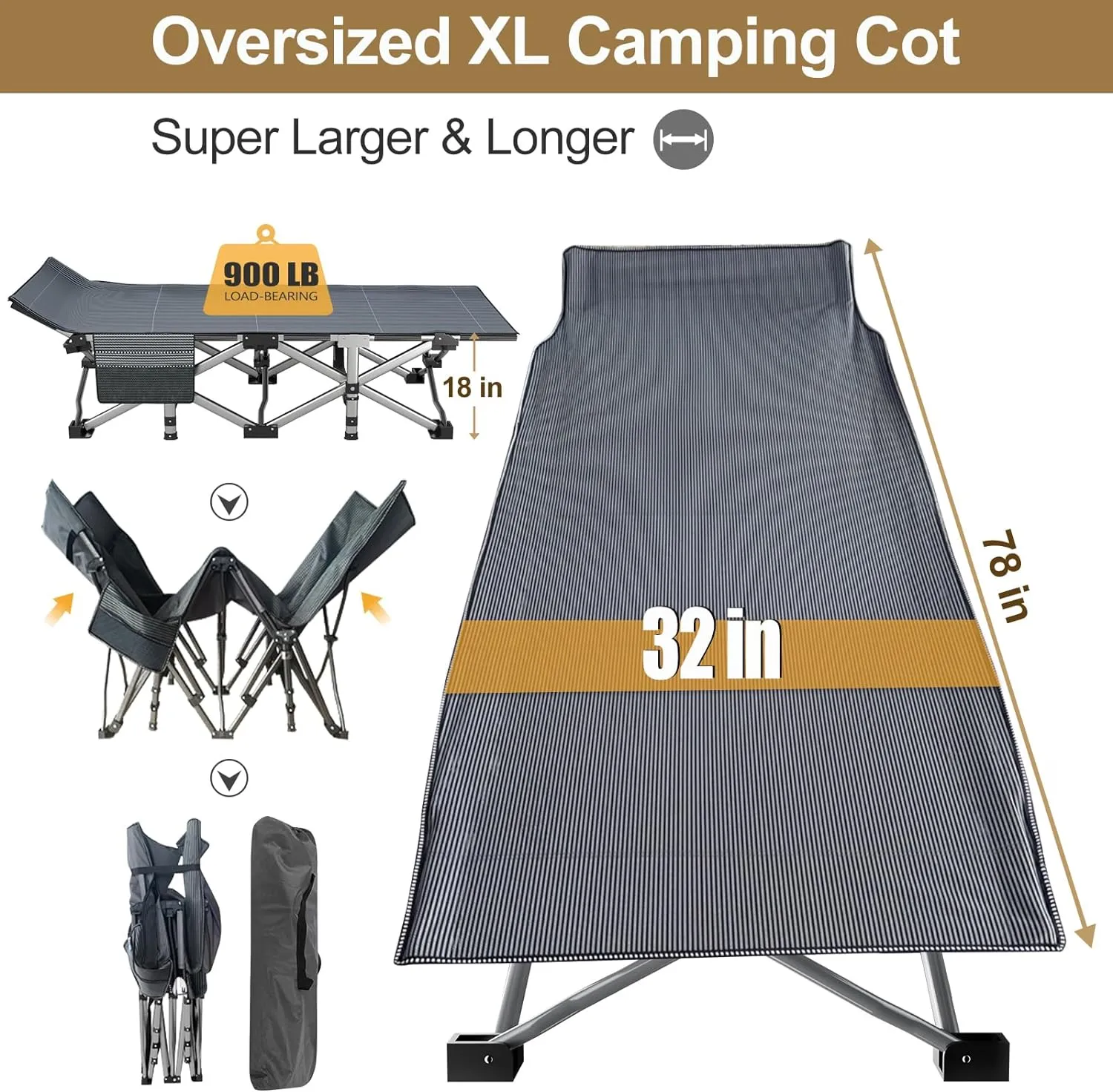 DoCred Oversized XXL Folding Camping Cot with Mattress, 2 Pack Heavy Duty Sleeping Cot Bed Portable Adults Outdoor Bed with Carry Bag, Travel Camp Cots