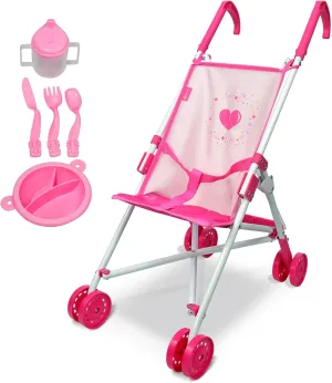 Doll Stroller Toy Anivia Realistic Doll Stroller Heart Design Gifts for Toddlers and Girls Foldable Baby Doll Stroller Toy（withToy Tableware）