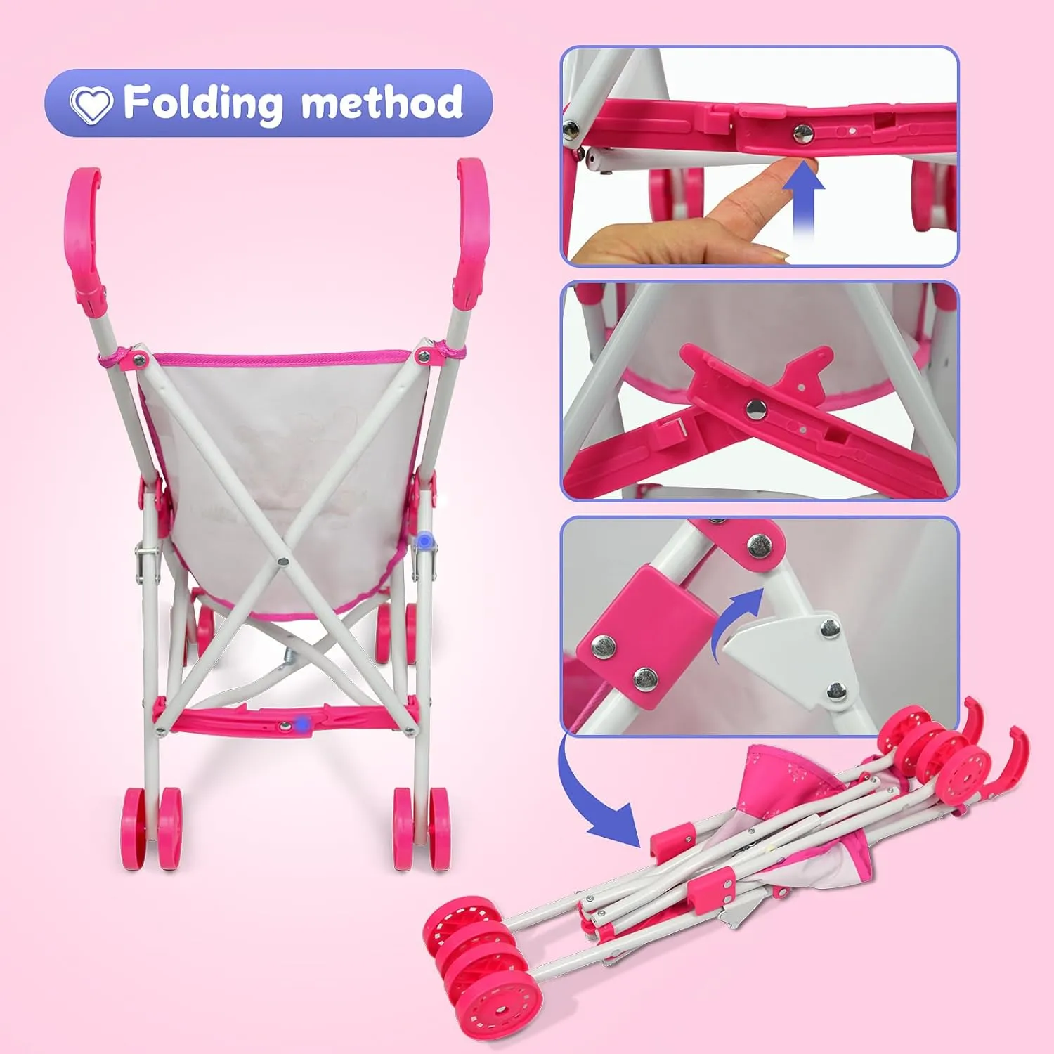 Doll Stroller Toy Anivia Realistic Doll Stroller Heart Design Gifts for Toddlers and Girls Foldable Baby Doll Stroller Toy（withToy Tableware）
