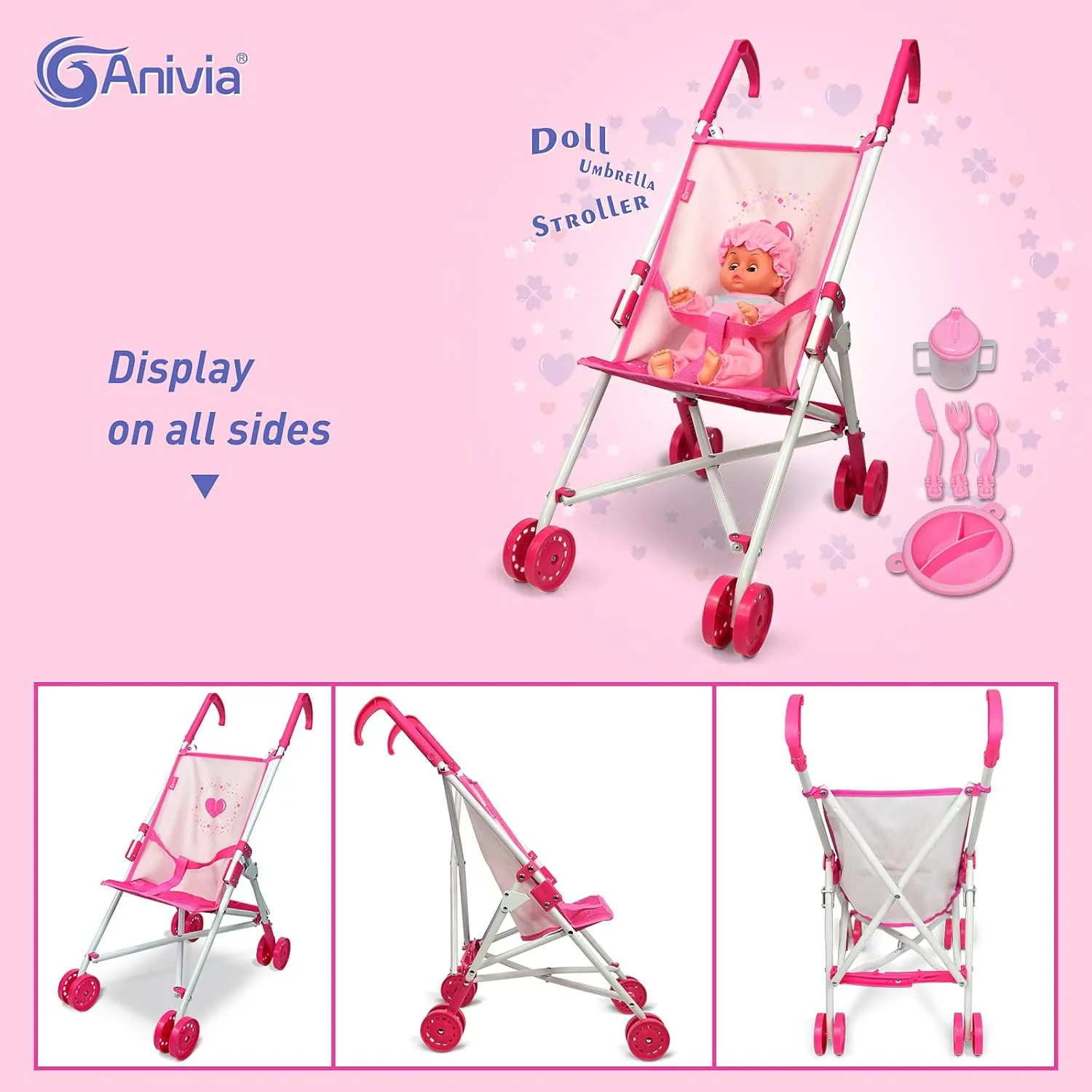 Doll Stroller Toy Anivia Realistic Doll Stroller Heart Design Gifts for Toddlers and Girls Foldable Baby Doll Stroller Toy（withToy Tableware）