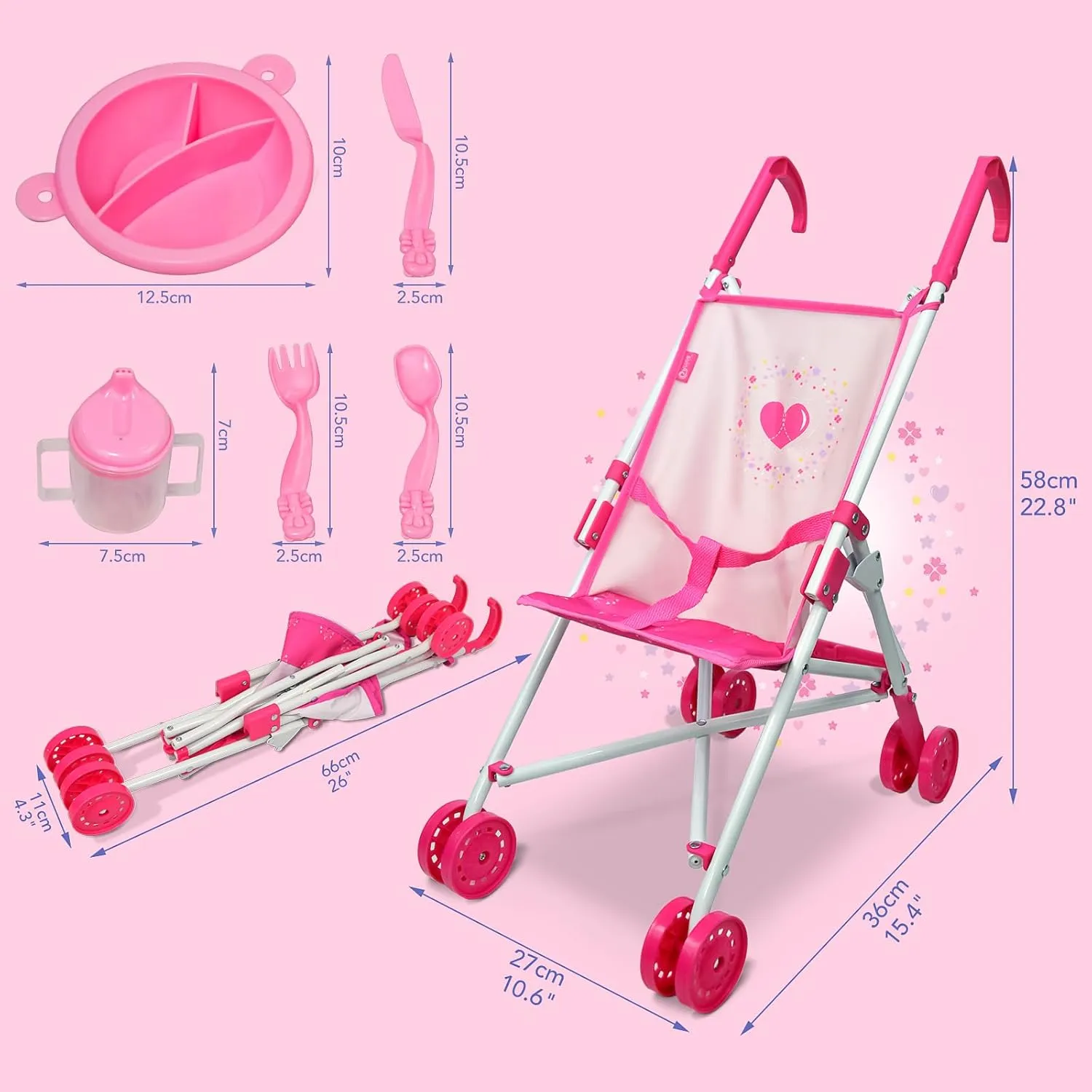 Doll Stroller Toy Anivia Realistic Doll Stroller Heart Design Gifts for Toddlers and Girls Foldable Baby Doll Stroller Toy（withToy Tableware）