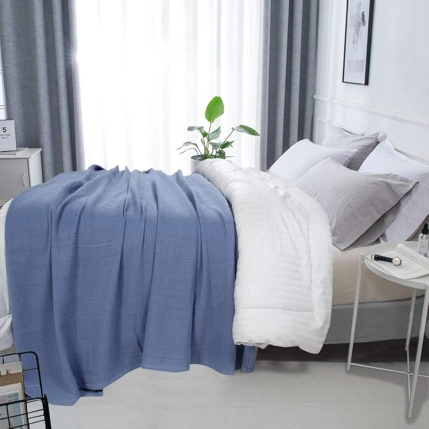 DOLLCENT 100% Cotton Queen Size Blanket for Bed, Premium Soft Combed Lightweight Blankets, Washed Breathable Cozy Bed Throw Blanket, Blue Queen Cotton Blankets for All Season: Blue (90"x90")