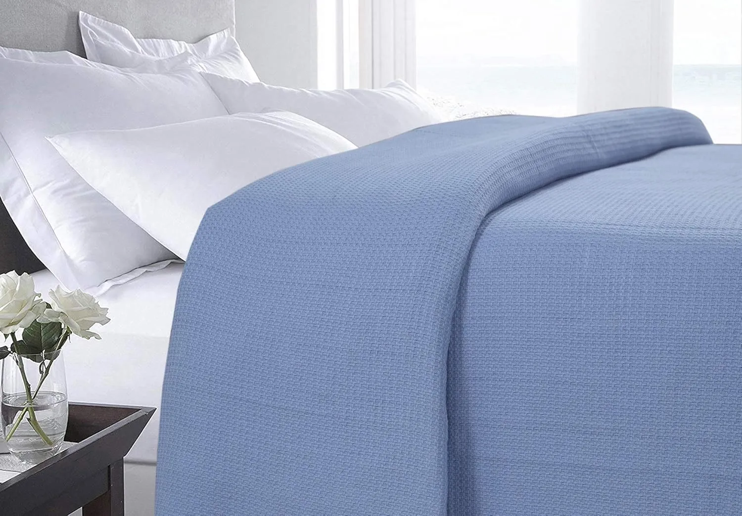 DOLLCENT 100% Cotton Queen Size Blanket for Bed, Premium Soft Combed Lightweight Blankets, Washed Breathable Cozy Bed Throw Blanket, Blue Queen Cotton Blankets for All Season: Blue (90"x90")