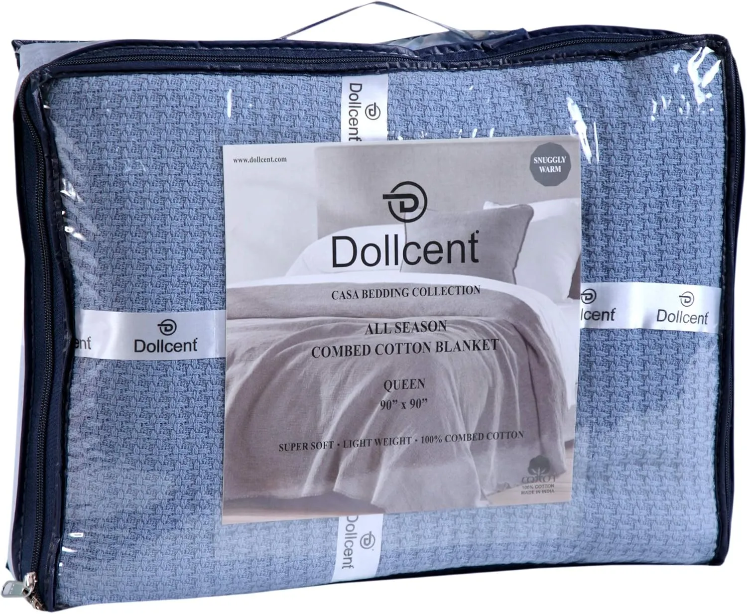 DOLLCENT 100% Cotton Queen Size Blanket for Bed, Premium Soft Combed Lightweight Blankets, Washed Breathable Cozy Bed Throw Blanket, Blue Queen Cotton Blankets for All Season: Blue (90"x90")