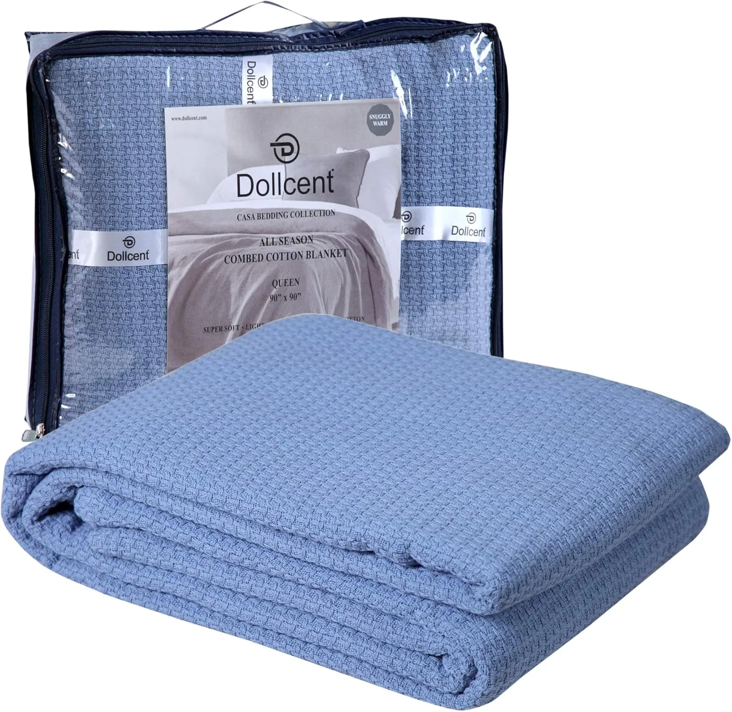 DOLLCENT 100% Cotton Queen Size Blanket for Bed, Premium Soft Combed Lightweight Blankets, Washed Breathable Cozy Bed Throw Blanket, Blue Queen Cotton Blankets for All Season: Blue (90"x90")