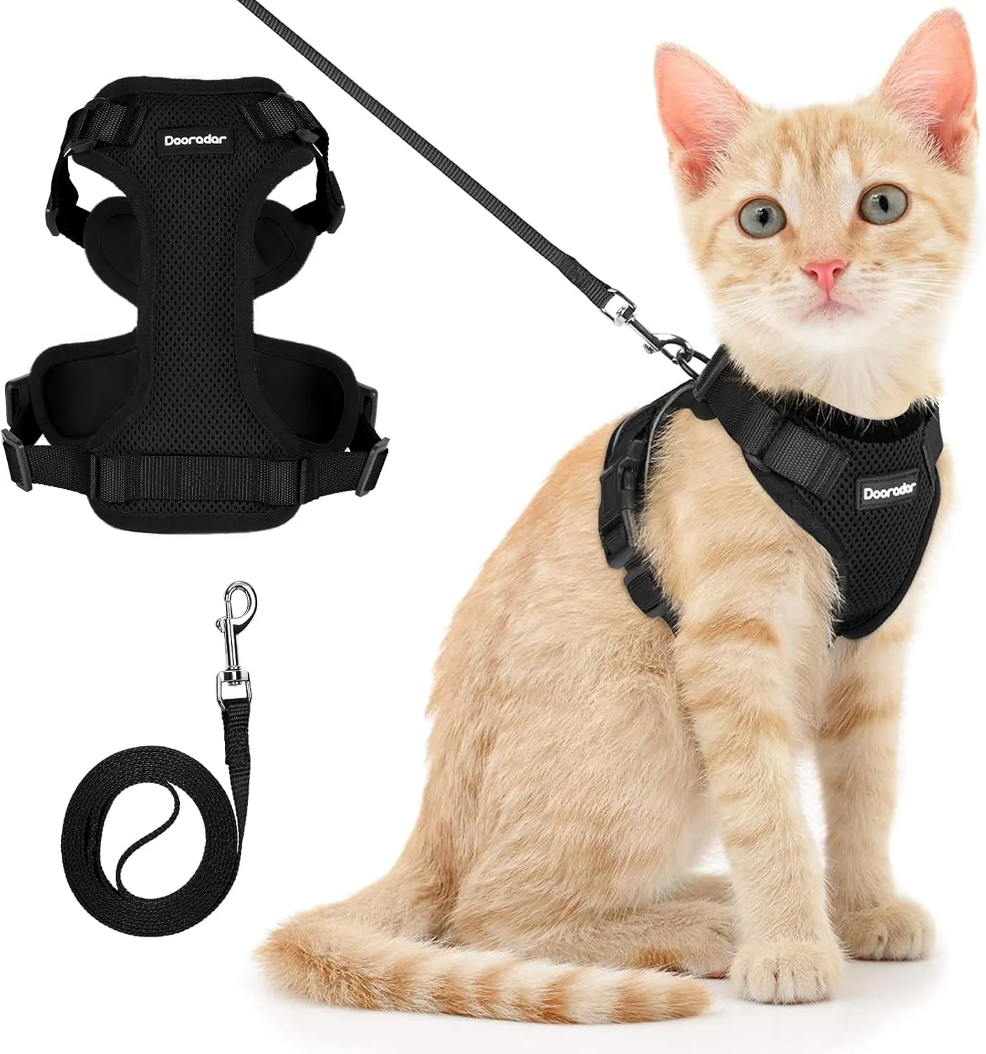 Dooradar Cat Harness and Leash Set, Escape Proof Safe Adjustable Kitten Vest Harnesses for Walking, Easy Control Soft Breathable Mesh Jacket with Reflective Strips for Cats, Black, S