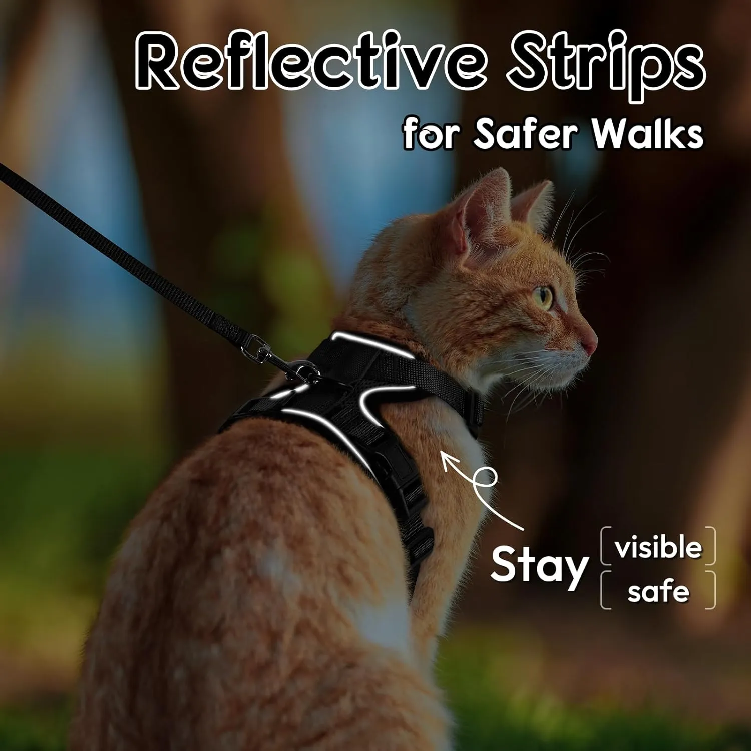 Dooradar Cat Harness and Leash Set, Escape Proof Safe Adjustable Kitten Vest Harnesses for Walking, Easy Control Soft Breathable Mesh Jacket with Reflective Strips for Cats, Black, S