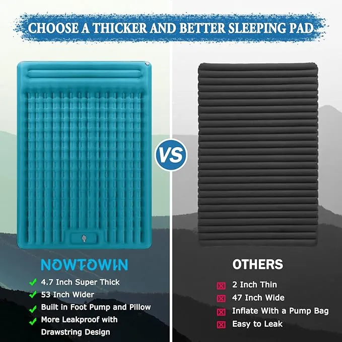 Double Sleeping Pad for Camping, Extra Thick 4.7 Inch Inflatable Camping Mattress 2 Person, Self Inflating Sleeping Mat for Backpacking Travel, Portable Camping Mat with Foot Pump and Pillow