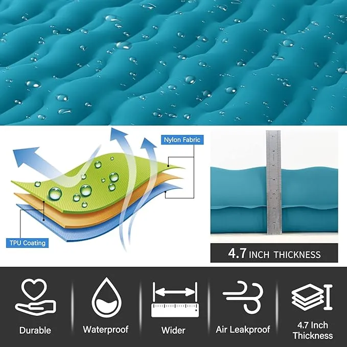 Double Sleeping Pad for Camping, Extra Thick 4.7 Inch Inflatable Camping Mattress 2 Person, Self Inflating Sleeping Mat for Backpacking Travel, Portable Camping Mat with Foot Pump and Pillow