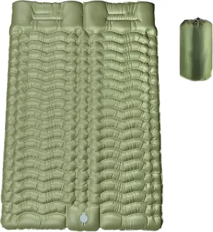 Double Sleeping Pad for Camping, Self-Inflating Sleeping Mat with Built-in Foot Pump, Air Mattress with Pillows, Foldable Camping Sleeping Pad for Hiking, Backpacking, Traveling (Green)