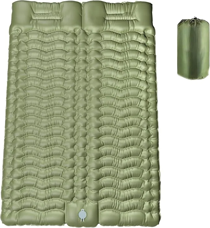 Double Sleeping Pad for Camping, Self-Inflating Sleeping Mat with Built-in Foot Pump, Air Mattress with Pillows, Foldable Camping Sleeping Pad for Hiking, Backpacking, Traveling (Green)