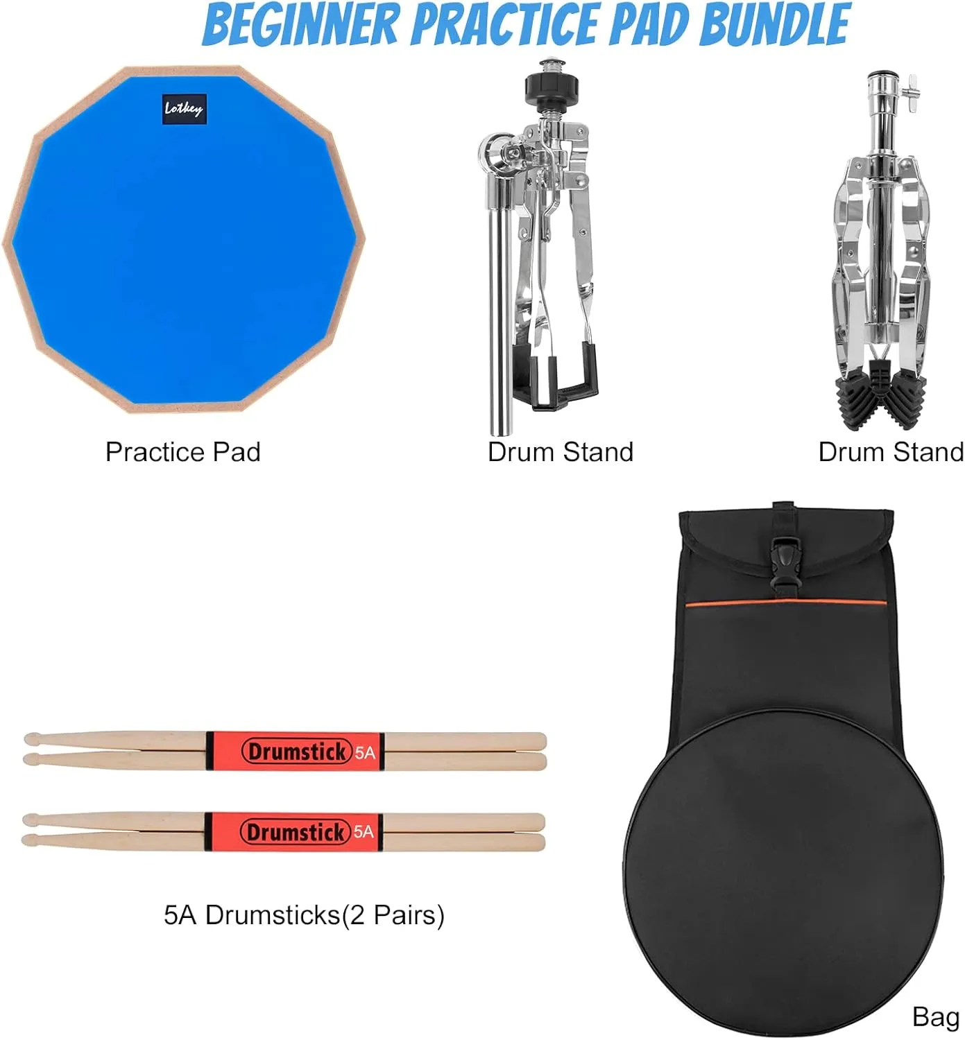 Drum Practice Pad Set, Lotkey 12" Drum Pad for Adult Kids with Snare Drum Stand,Double Sided,Drumsticks,carry Bag case (Blue)
