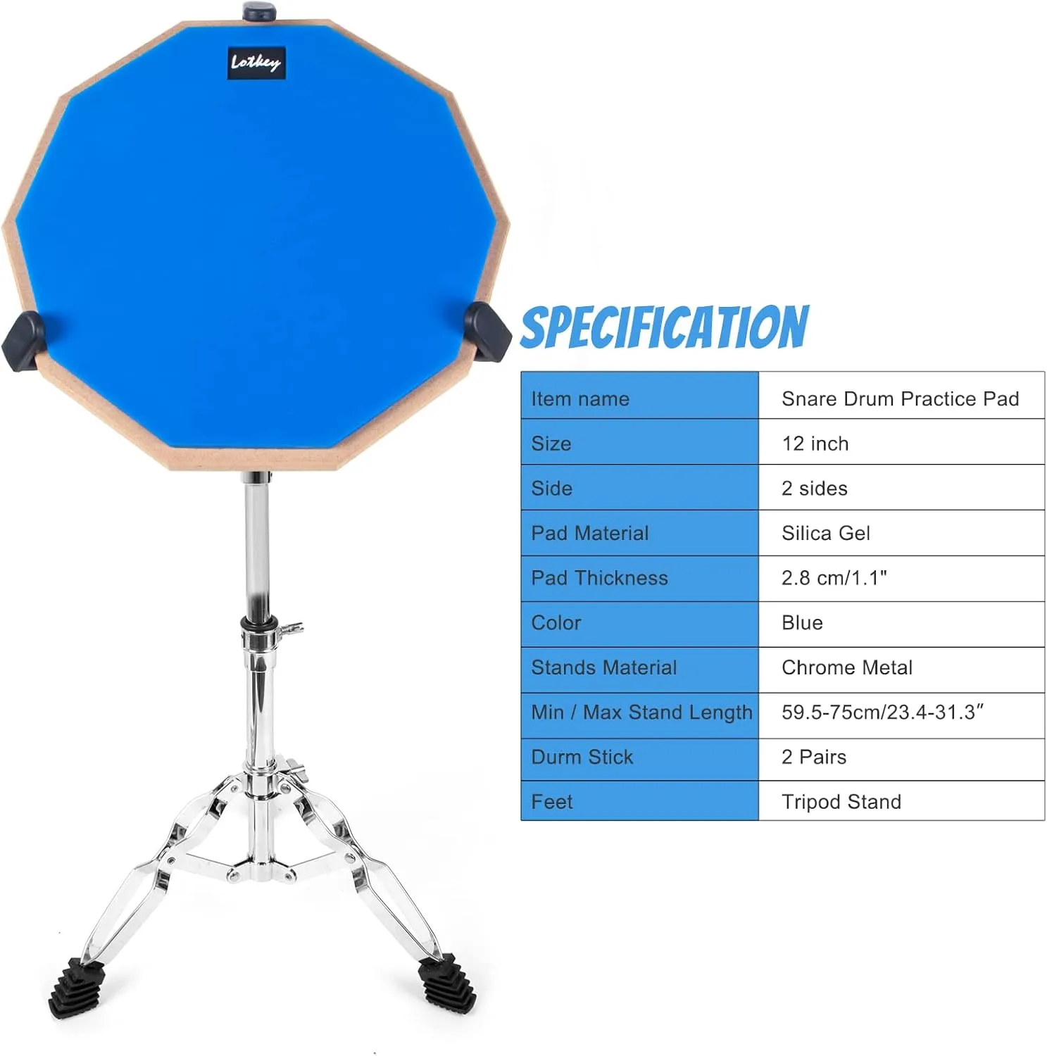 Drum Practice Pad Set, Lotkey 12" Drum Pad for Adult Kids with Snare Drum Stand,Double Sided,Drumsticks,carry Bag case (Blue)