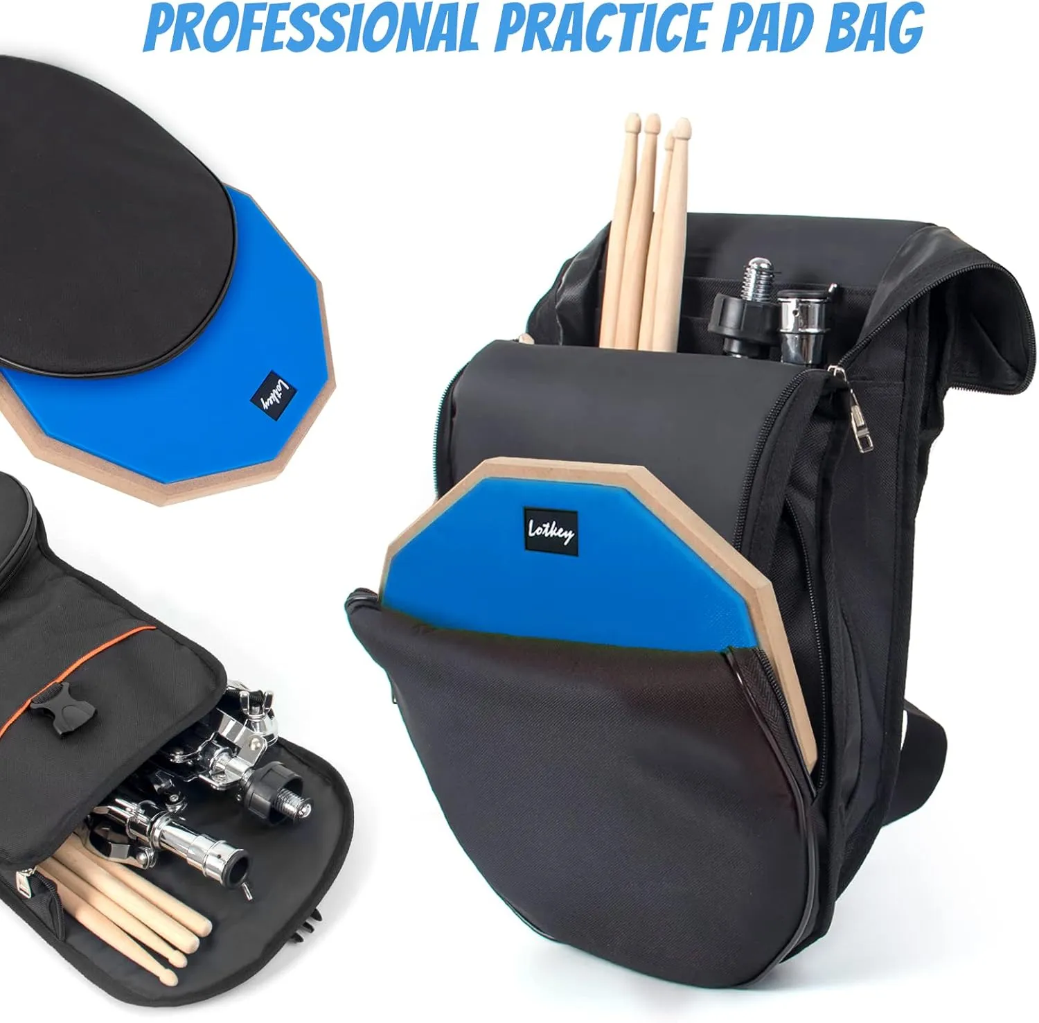 Drum Practice Pad Set, Lotkey 12" Drum Pad for Adult Kids with Snare Drum Stand,Double Sided,Drumsticks,carry Bag case (Blue)