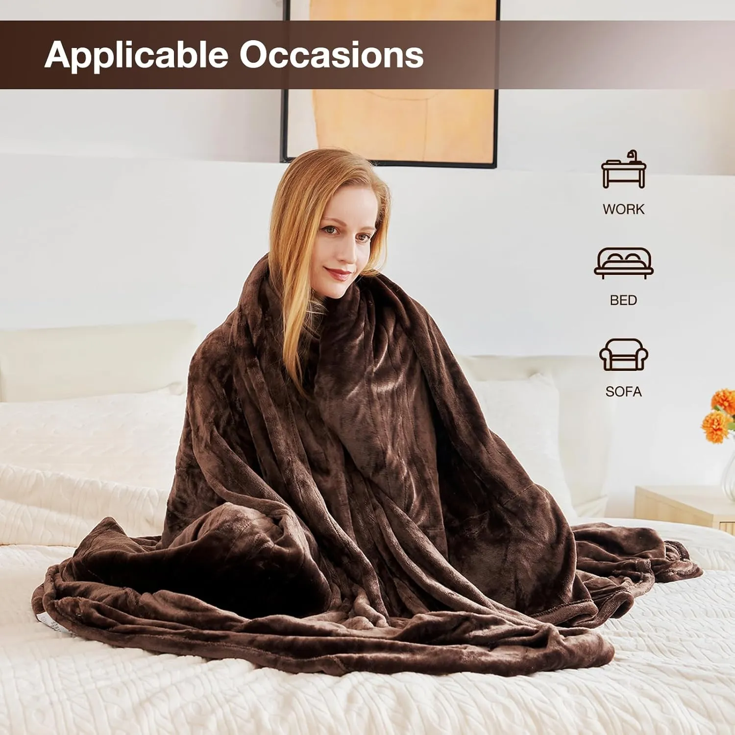 Electric Heated Blanket Queen Size 84"x 90", Dual Control Super Cozy Soft with 5 Heat Levels&10 Hours Auto Off, Home Office Use&Machine Washable, Brown