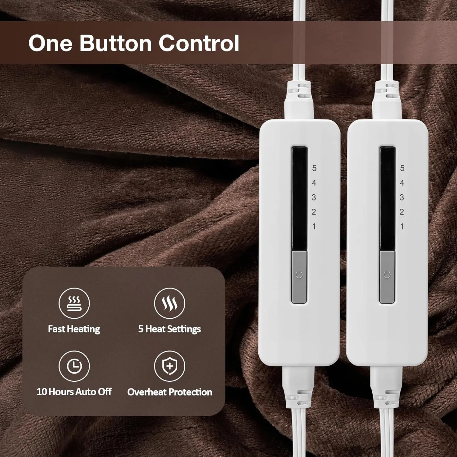 Electric Heated Blanket Queen Size 84"x 90", Dual Control Super Cozy Soft with 5 Heat Levels&10 Hours Auto Off, Home Office Use&Machine Washable, Brown