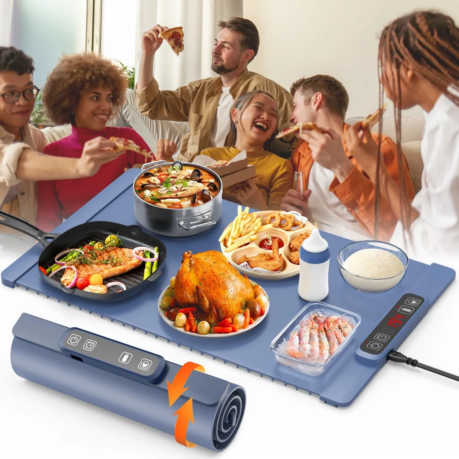 Electric Warming Tray, Food Warming Mat with 5 Adjustable Temperature Control, DRSPEE Foldable Food Warmer for Parties, Precise Heating Time and Child-Lock, Large Hot Plate for Buffet (Blue)