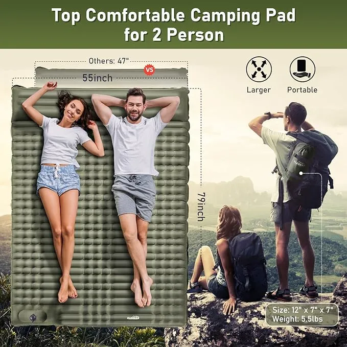 Elegear Double Sleeping Pad for Camping, 4" Ultra-Thick Self Inflating Camping Pad 2 Person with Pillow Built-in Foot Pump Camping Sleeping Mat for Backpacking, Hiking, Portable Camping Pad