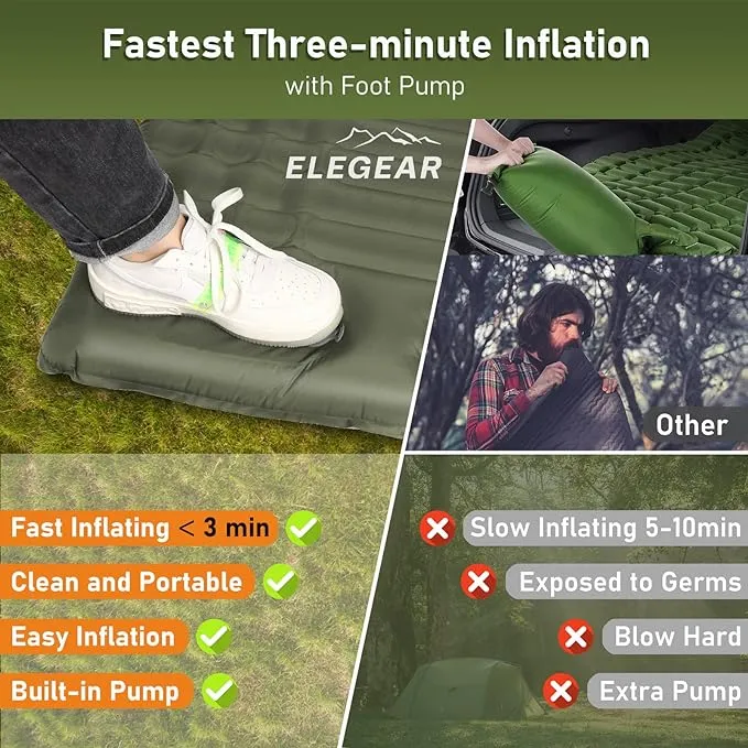 Elegear Double Sleeping Pad for Camping, 4" Ultra-Thick Self Inflating Camping Pad 2 Person with Pillow Built-in Foot Pump Camping Sleeping Mat for Backpacking, Hiking, Portable Camping Pad