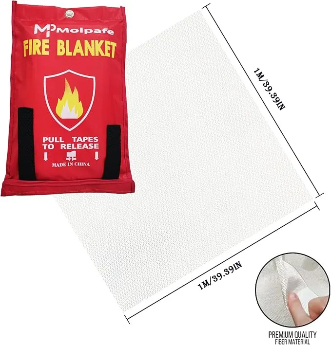 Emergency Fire Blanket, 2 Packs 39"x39" Suppression Flame Retardent Safety Blanket, Fiberglass Fire Blanket, for Home, Kitchen, School, Office, Car, Fireplace, Grill, Camping -with Hooks -001