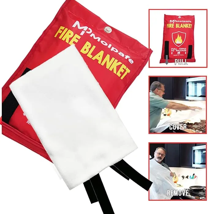 Emergency Fire Blanket, 2 Packs 39"x39" Suppression Flame Retardent Safety Blanket, Fiberglass Fire Blanket, for Home, Kitchen, School, Office, Car, Fireplace, Grill, Camping -with Hooks -001