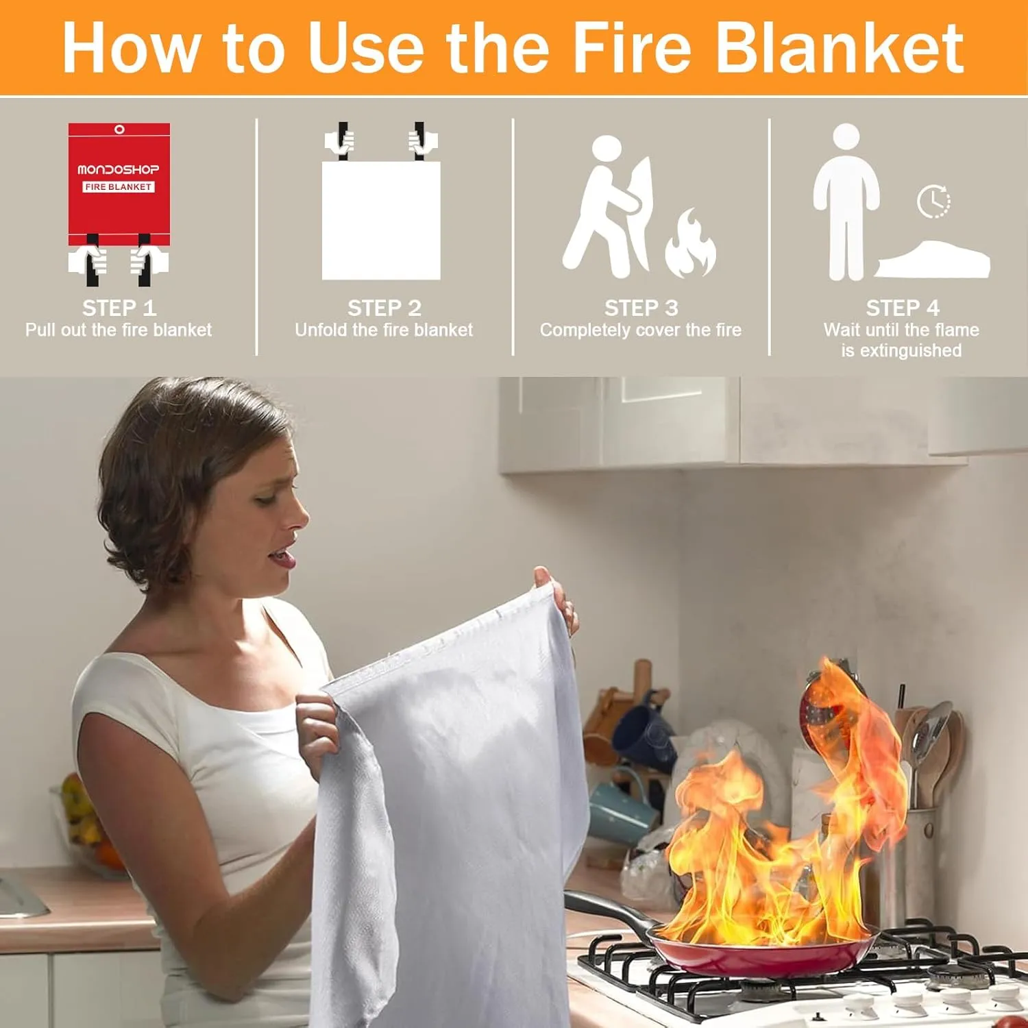 Emergency Fire Blanket for Camping Grill - Mondoshop Fire Retardant Blankets for Home Kitchen - Fireproof Blanket for Picnic, Grill, Car, Office, Warehouse, School, Fireplace