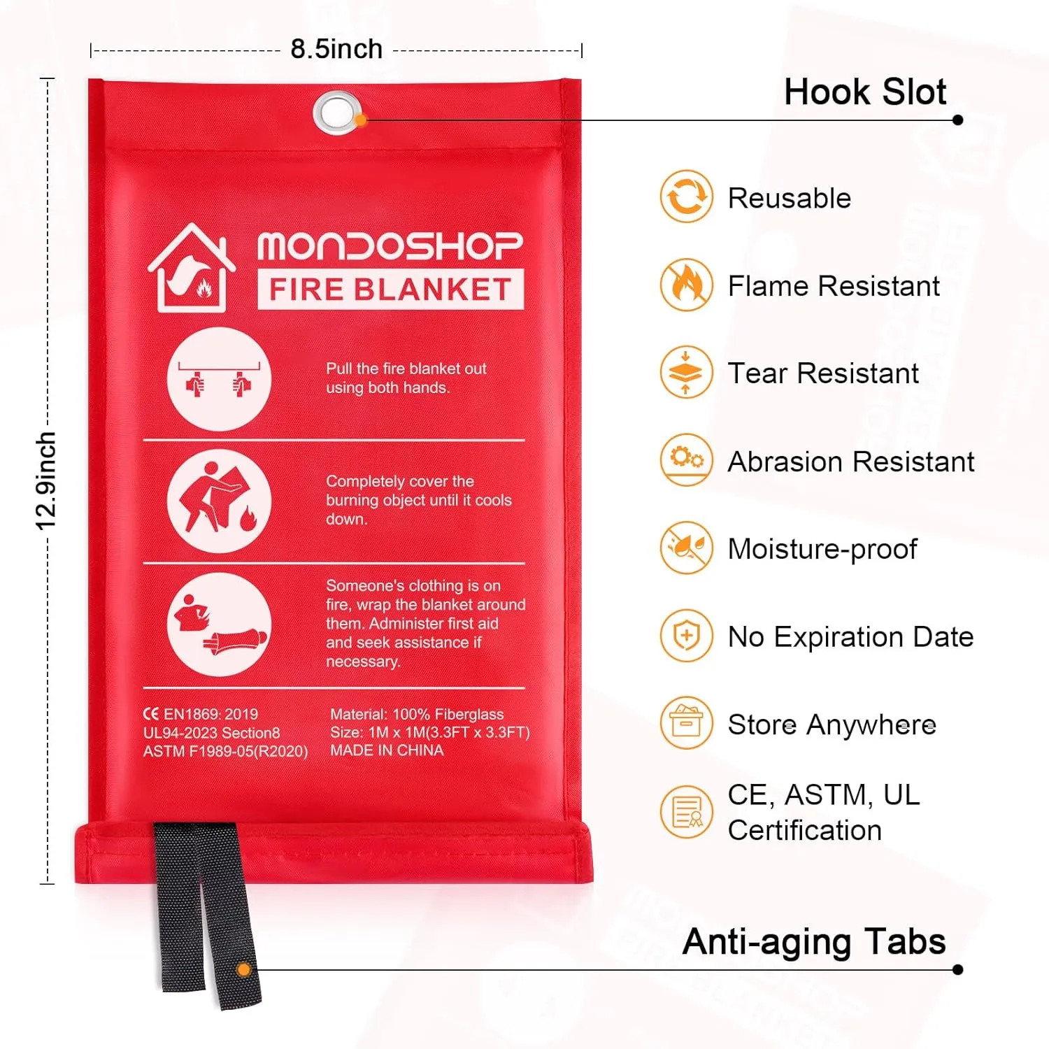 Emergency Fire Blanket for Camping Grill - Mondoshop Fire Retardant Blankets for Home Kitchen - Fireproof Blanket for Picnic, Grill, Car, Office, Warehouse, School, Fireplace