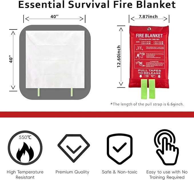 Emergency Fire Blanket for Home and Kitchen, Fire Extinguishers for Home, Fiberglass Fire Suppression Blanket with Luminous Strip for Fireplace, Car, Camping, Picnic, Grill(1, 40''x40'')