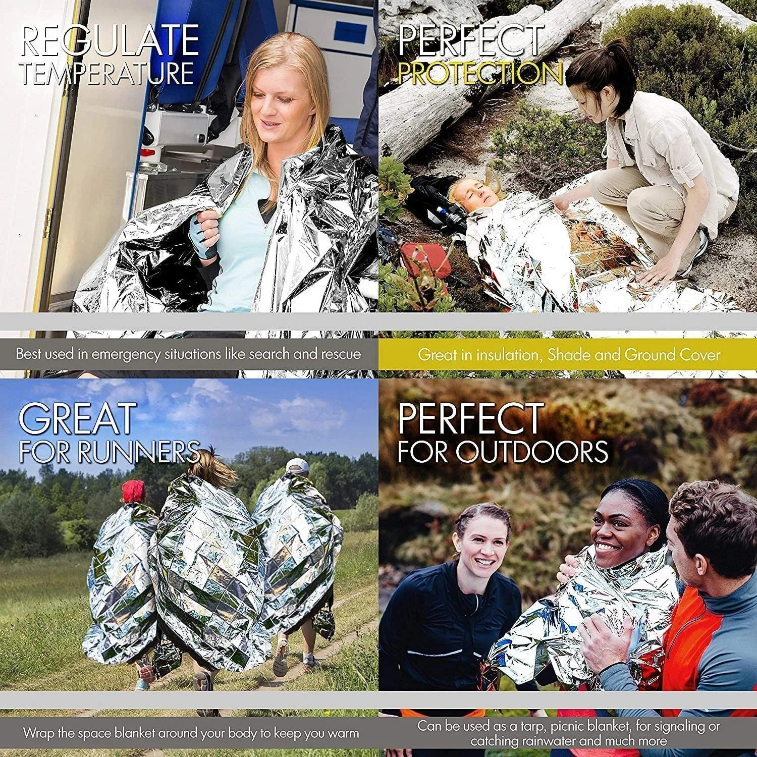 Emergency Mylar Thermal Blankets 4-Pack for Outdoor, Camping, Hiking, Travel, First Aid Warmth