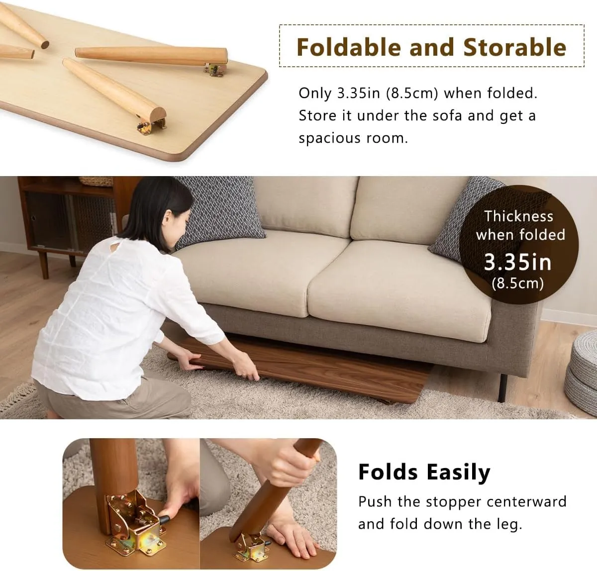 EMOOR Wood Folding Coffee Table Rectangle Large (20.5"x41.3") Natural, Floor Sitting Low Table Small Space Minimalist Japanese Tatami Room