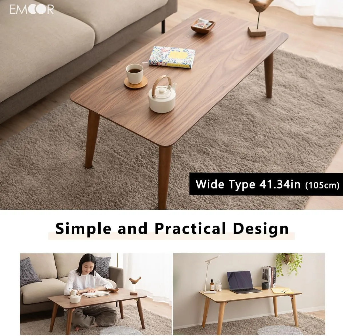 EMOOR Wood Folding Coffee Table Rectangle Large (20.5"x41.3") Natural, Floor Sitting Low Table Small Space Minimalist Japanese Tatami Room