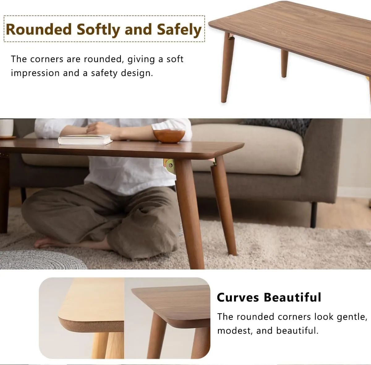 EMOOR Wood Folding Coffee Table Rectangle Large (20.5"x41.3") Natural, Floor Sitting Low Table Small Space Minimalist Japanese Tatami Room