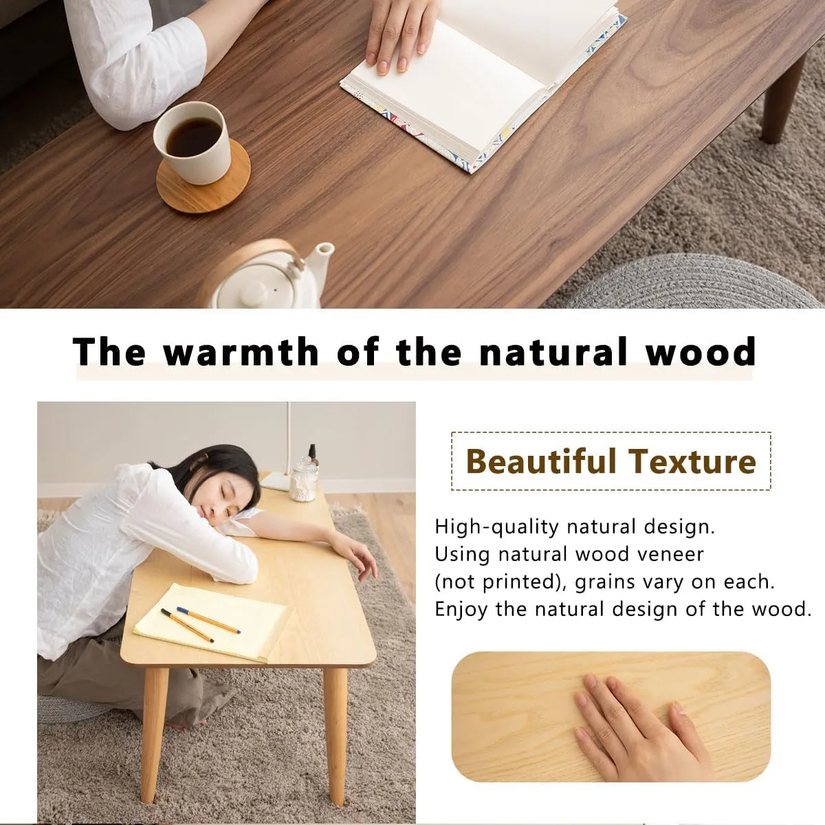 EMOOR Wood Folding Coffee Table Rectangle Large (20.5"x41.3") Natural, Floor Sitting Low Table Small Space Minimalist Japanese Tatami Room