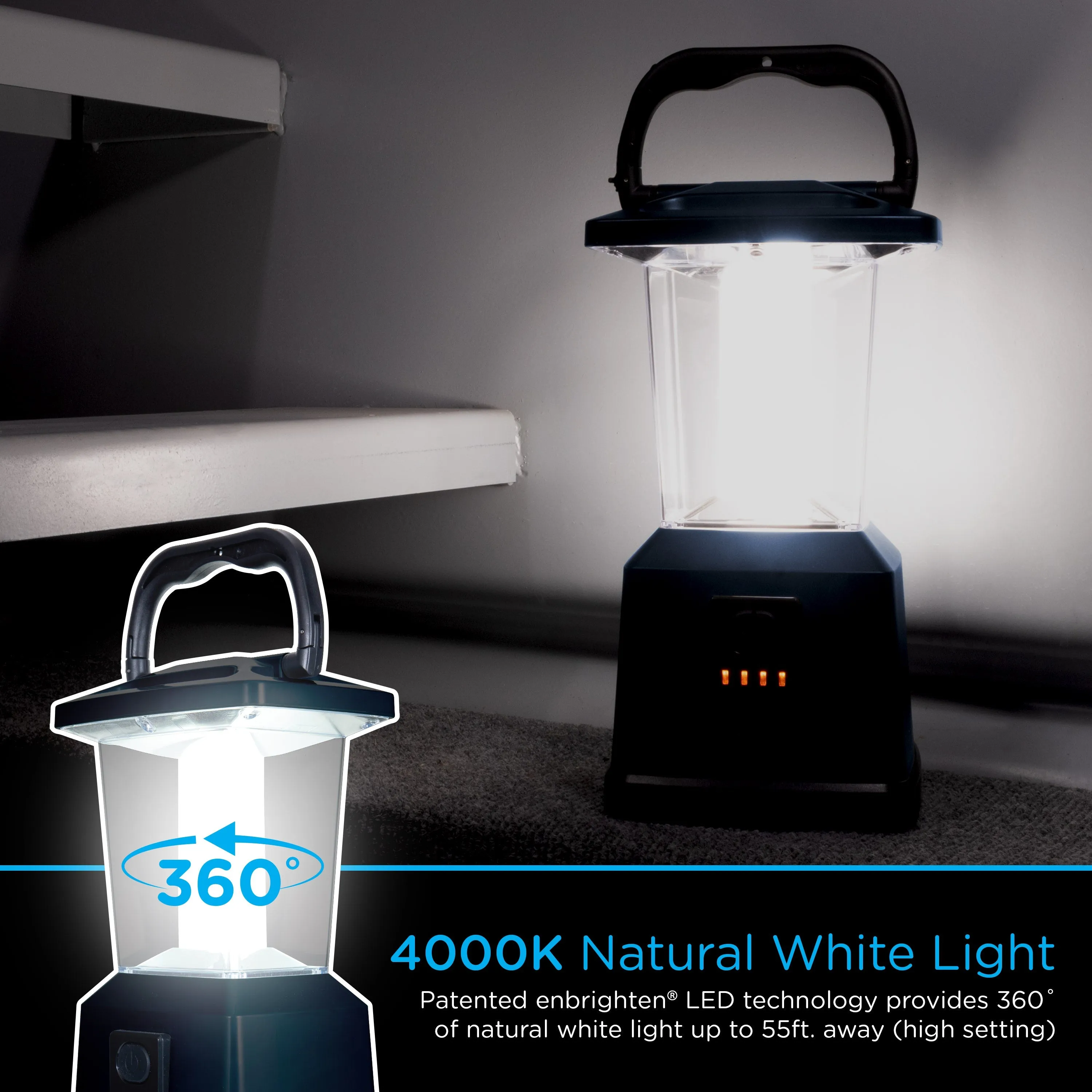 Enbrighten Lux Hybrid Dual Power Color-Select Dimmable LED Lantern with USB Charging, Blue
