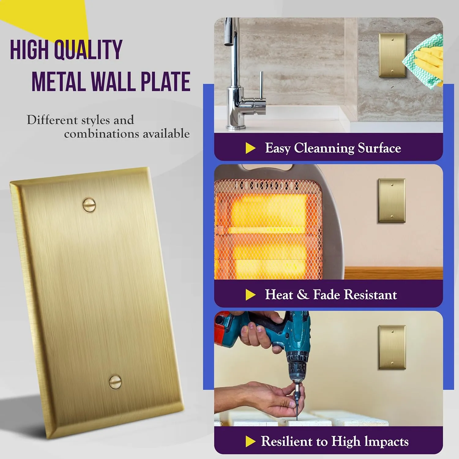 ENERLITES Blank Device Metal Wall Plate, Stainless Steel 201, Corrosive Resistant, Size 1-Gang 4.50" x 2.76", 7701-BB-2PCS, Brushed Brass, Gold, 2 Pack