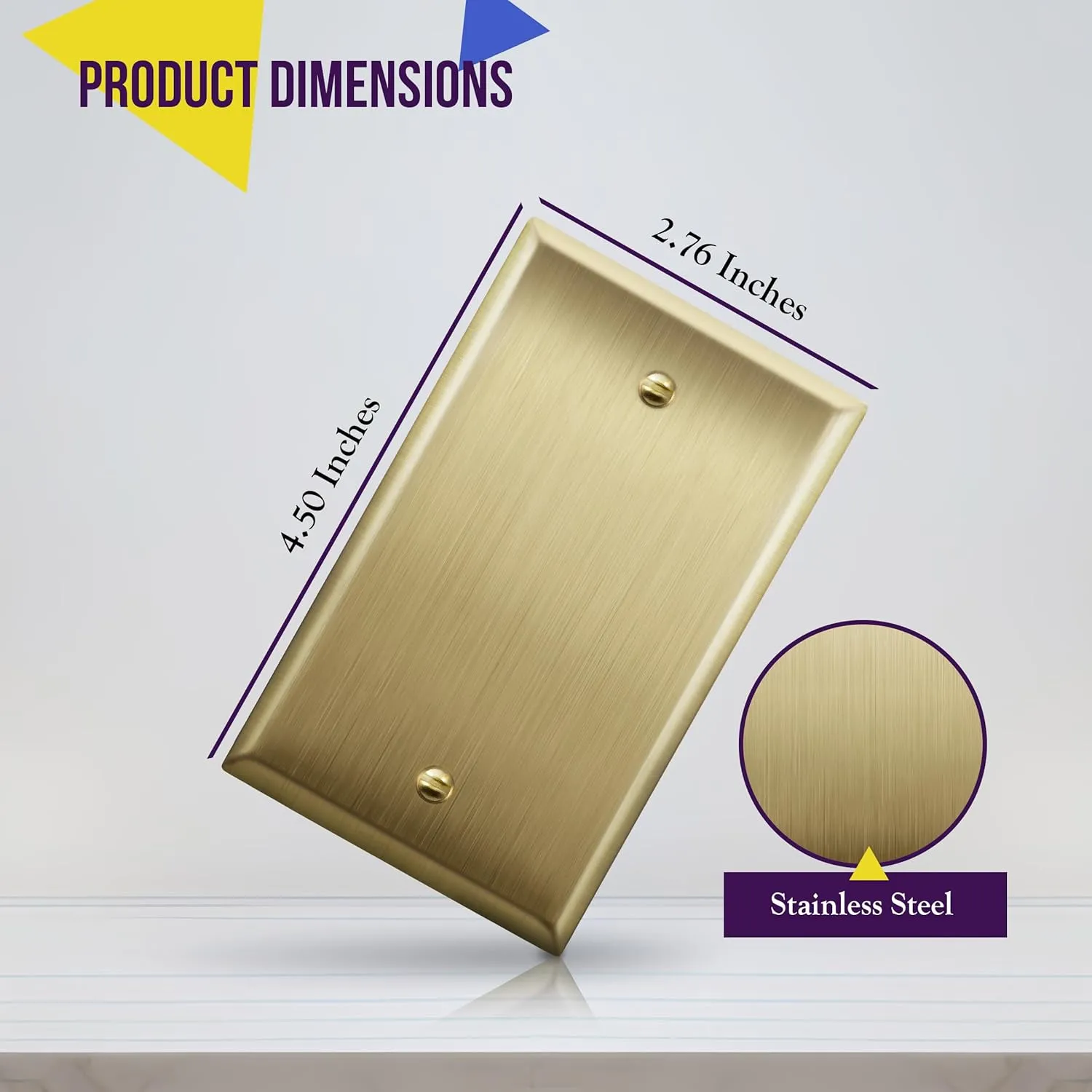 ENERLITES Blank Device Metal Wall Plate, Stainless Steel 201, Corrosive Resistant, Size 1-Gang 4.50" x 2.76", 7701-BB-2PCS, Brushed Brass, Gold, 2 Pack