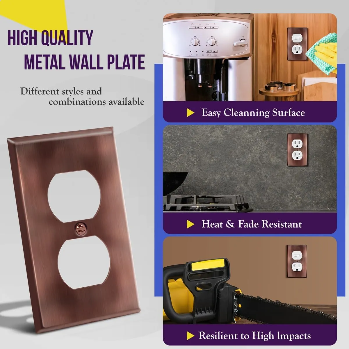 ENERLITES Duplex Receptacle Outlet Metal Wall Plate, Stainless Steel Outlet Cover, Corrosion Resistant, Standard Size 1-Gang 4.50" x 2.76", Stainless Steel 201, 7721-AC-5PCS, Antique Copper, 5 pack