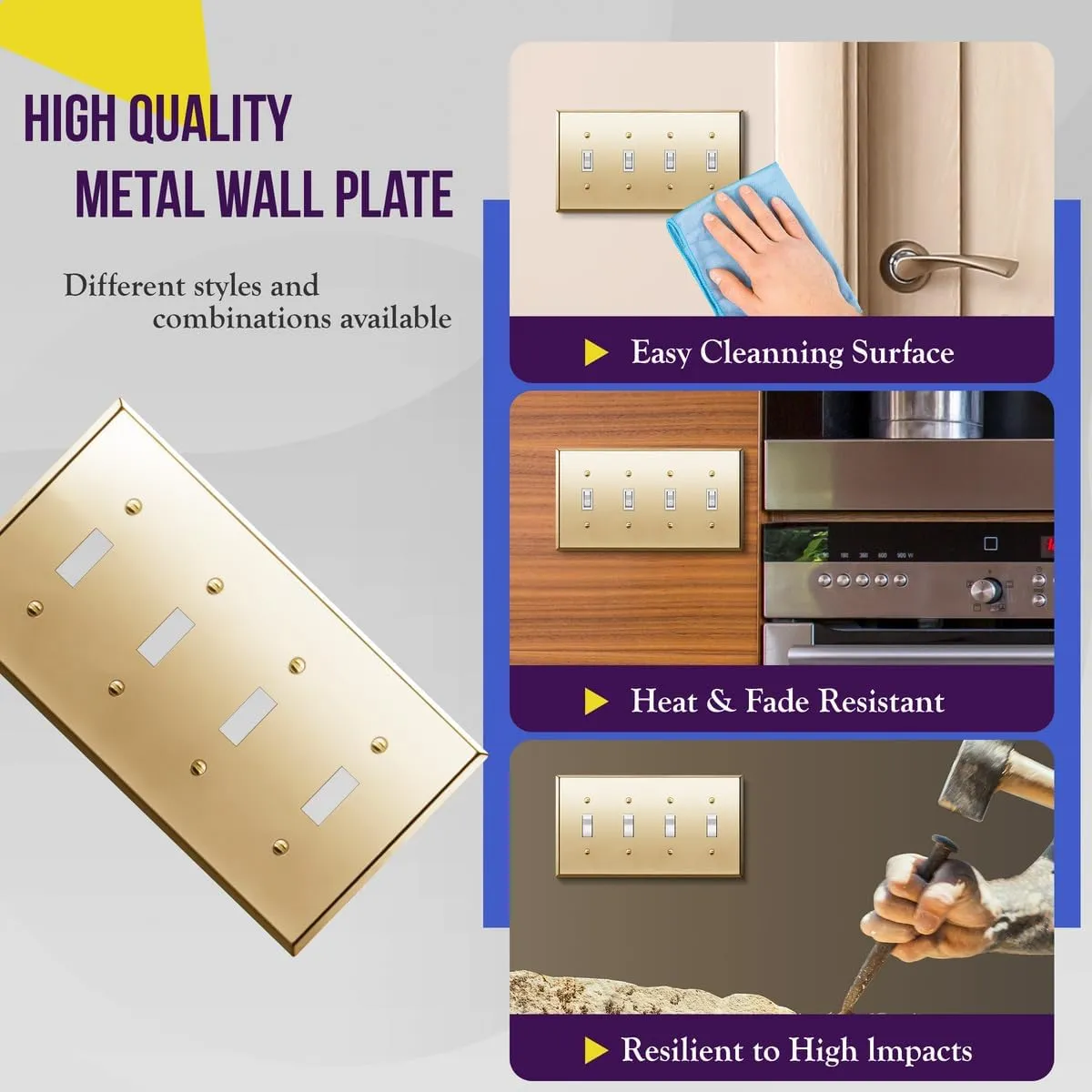 ENERLITES Toggle Light Switch Metal Wall Plate, Stainless Steel 201, Corrosion Resistant, Size 4-Gang 4.50" x 8.19", 7714-PB, Polished Brass, Gold