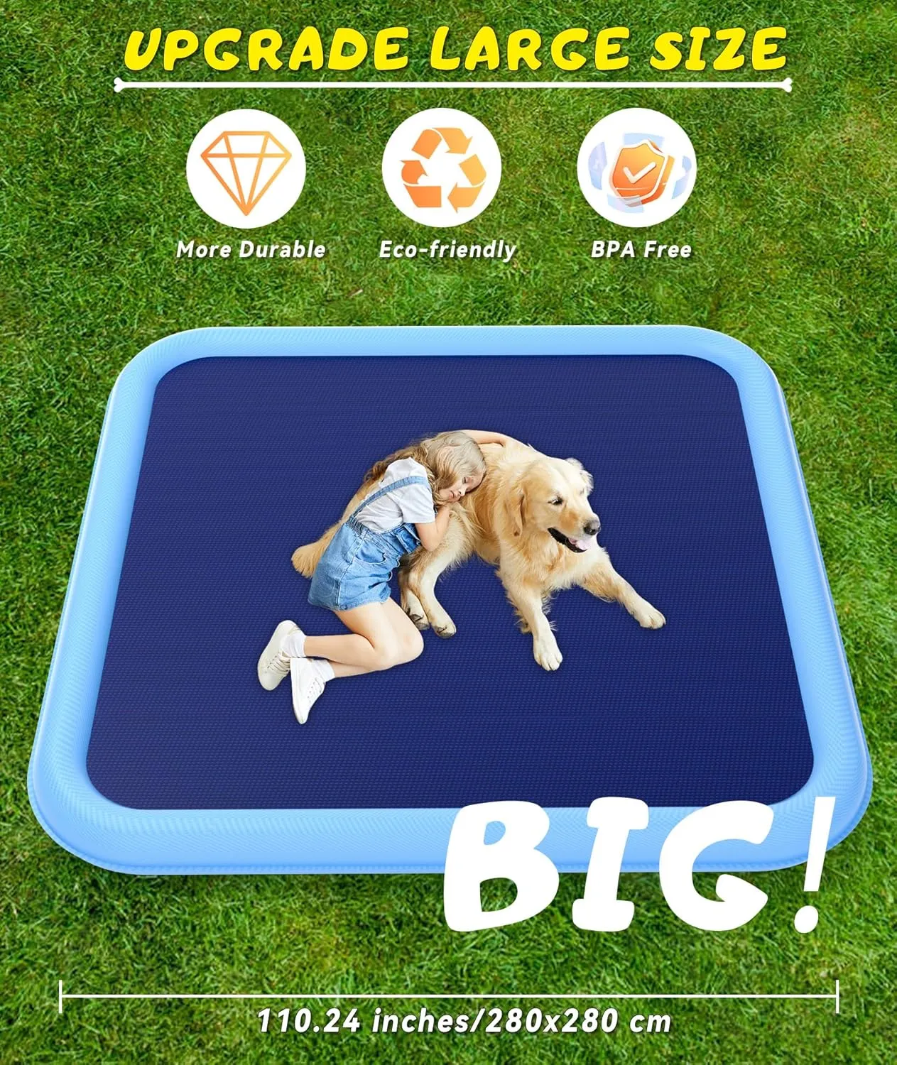 EPN Splash Pad, 110.24" Size Extra Large Sprinkler Play Mat for Dogs & Kids, Thicker Wading Pool Summer Outdoor Water Toys, Fun Backyard Fountain Play Pad for 3 Age  Girls Boys Children & Pets
