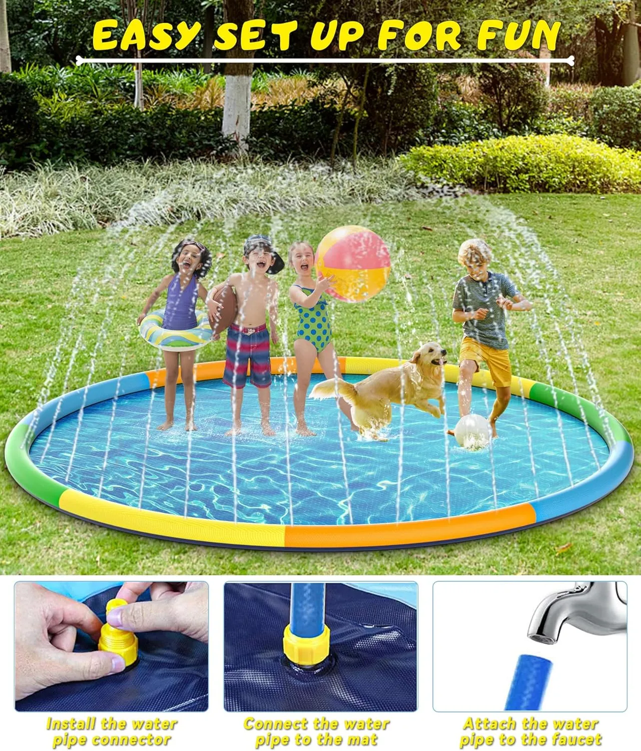 EPN Splash Pad, 13FT Size Extra Large Sprinkler Play Mat for Dogs & Kids, Thicker Pool Summer Outdoor Water Toys Fountain Pad for 3  Children & Pets