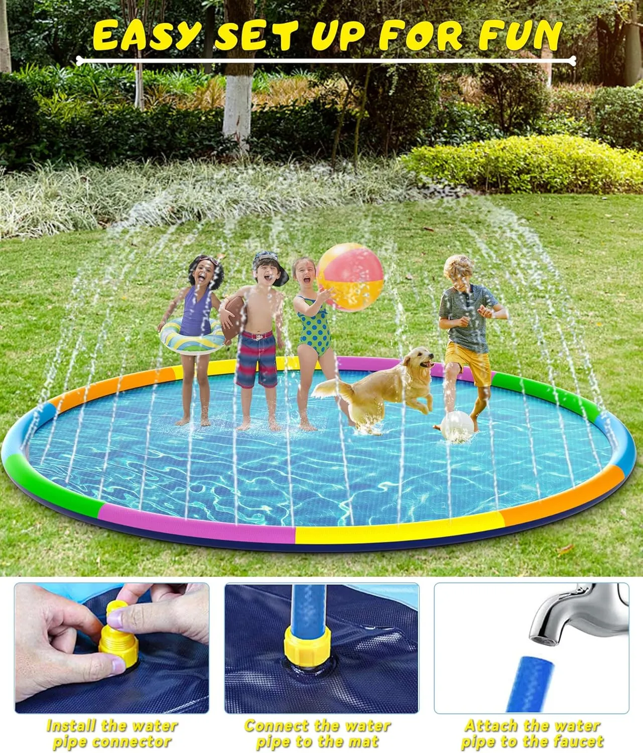 EPN Splash Pad, 16.4FT Size Extra Large Sprinkler Play Mat for Dogs & Kids, Thicker Pool Summer Outdoor Water Toys Fountain Pad for 3  Children & Pets