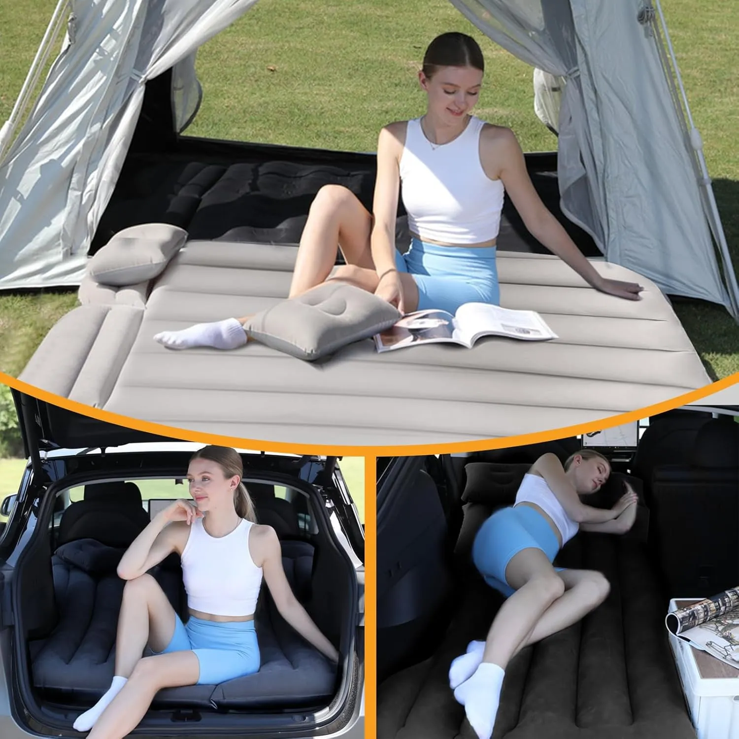 Ergocar Tesla Model Y Inflatable Mattress Soft Flocking Thickened Two Pillows Travel Camping Bed Comfortable Car Sleeping Mat Double-Layer Inflatable Valve