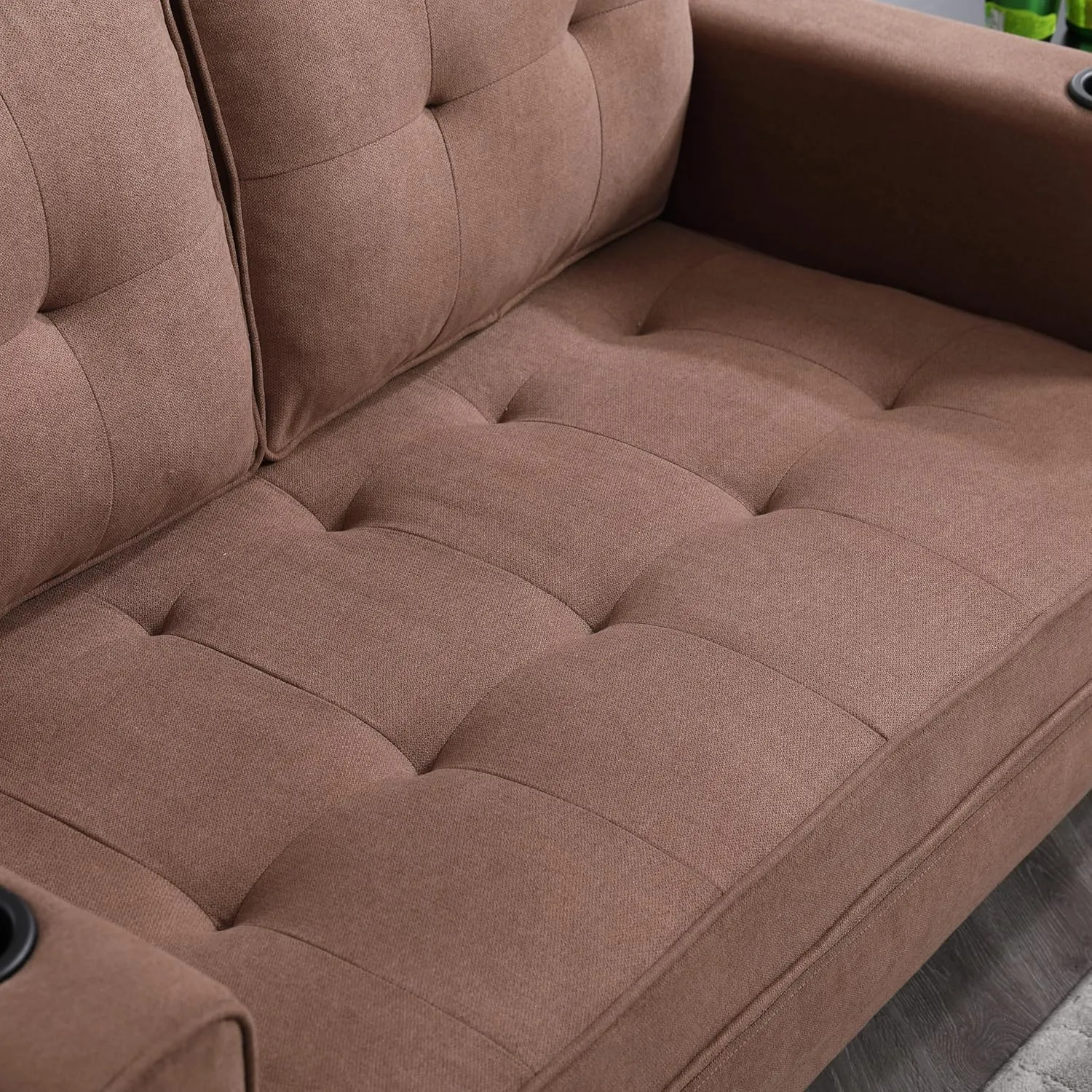 ERYE 3 Fold Tufted Upholstered Futon Sofa Bed Modern Convertible Foldable Floor Loveseat Sofabed with Pull Out Sleeper Couch Daybed W/Cupholders and Pockets for Living Room