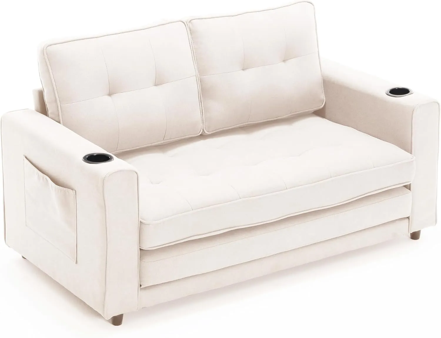 ERYE Modern Upholstered Loveseat Sofa Foldable Convertible Floor Sofabed W/Cupholders and Pockets, 3 Fold Tufted Futon Lounge Sofa with Pull Out Sleeper Couch Bed for Living Room Bedroom Studio