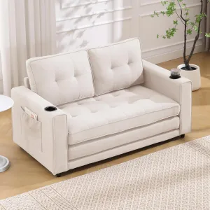 ERYE Modern Upholstered Loveseat Sofa Foldable Convertible Floor Sofabed W/Cupholders and Pockets, 3 Fold Tufted Futon Lounge Sofa with Pull Out Sleeper Couch Bed for Living Room Bedroom Studio
