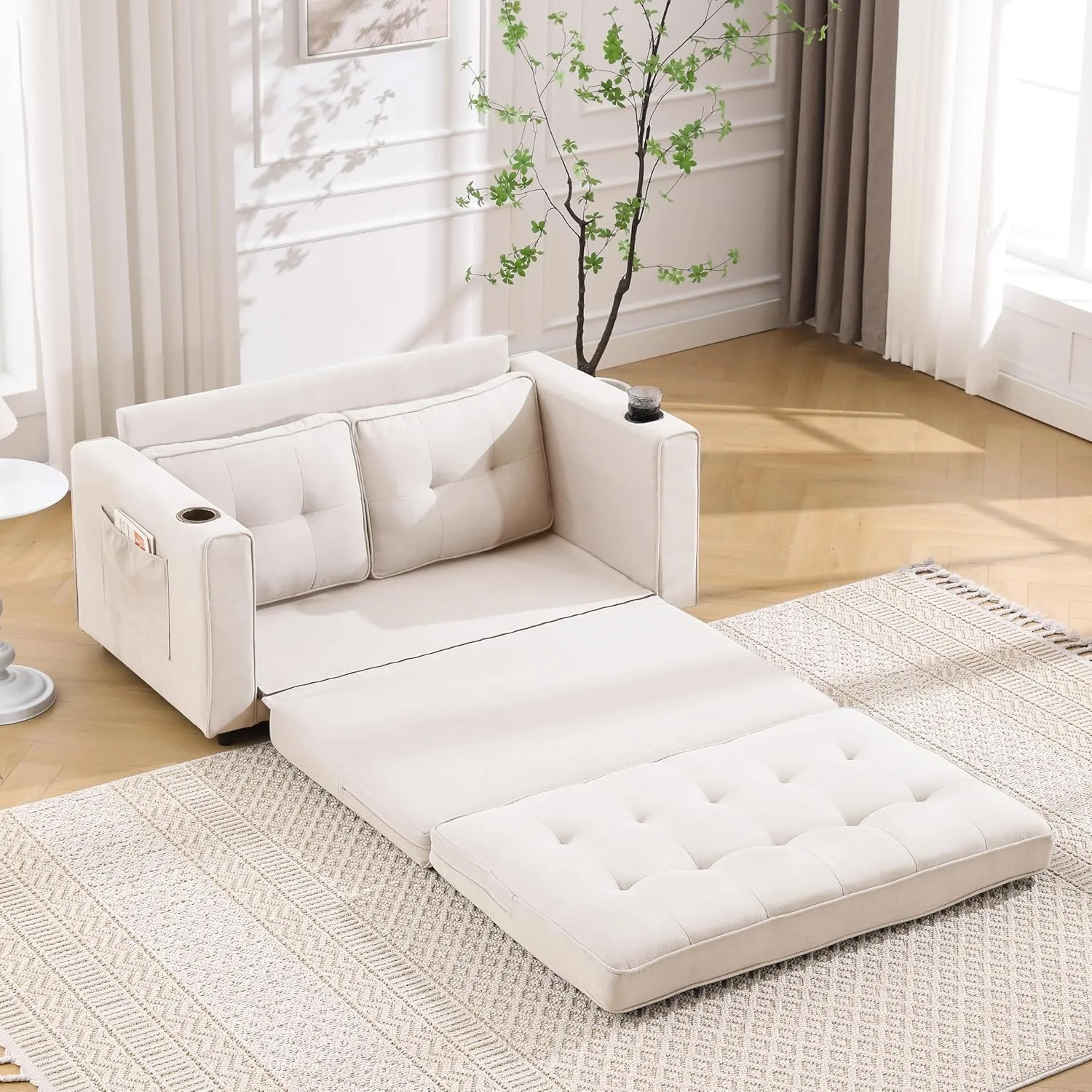 ERYE Modern Upholstered Loveseat Sofa Foldable Convertible Floor Sofabed W/Cupholders and Pockets, 3 Fold Tufted Futon Lounge Sofa with Pull Out Sleeper Couch Bed for Living Room Bedroom Studio