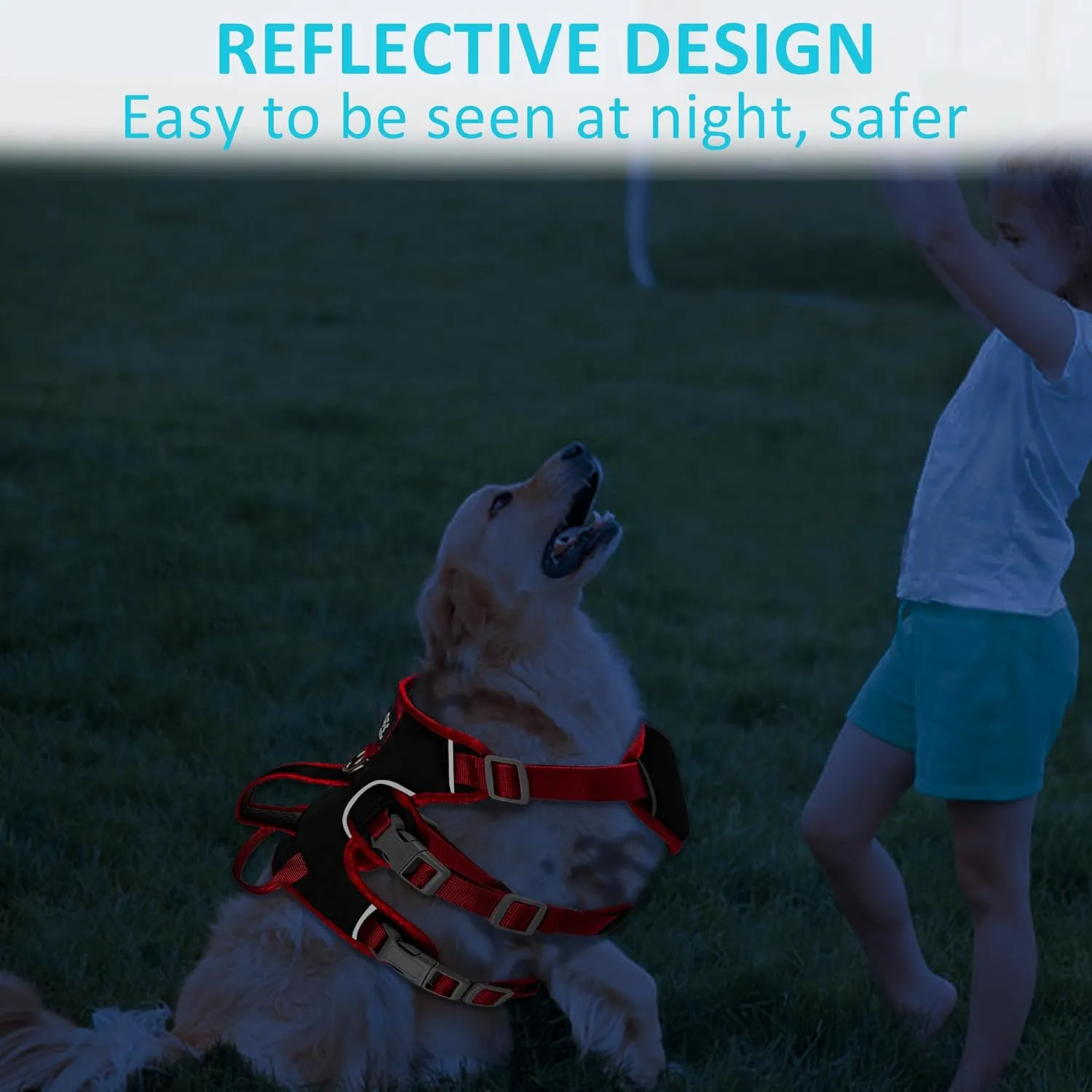 Escape Proof Dog Harness, No Pull Reflective Adjustable Vest with Easy Control Lift Handle, No Choke Soft Padded Breathable Full Body Pet Harness for Walking Hiking and Training (Red, Large)