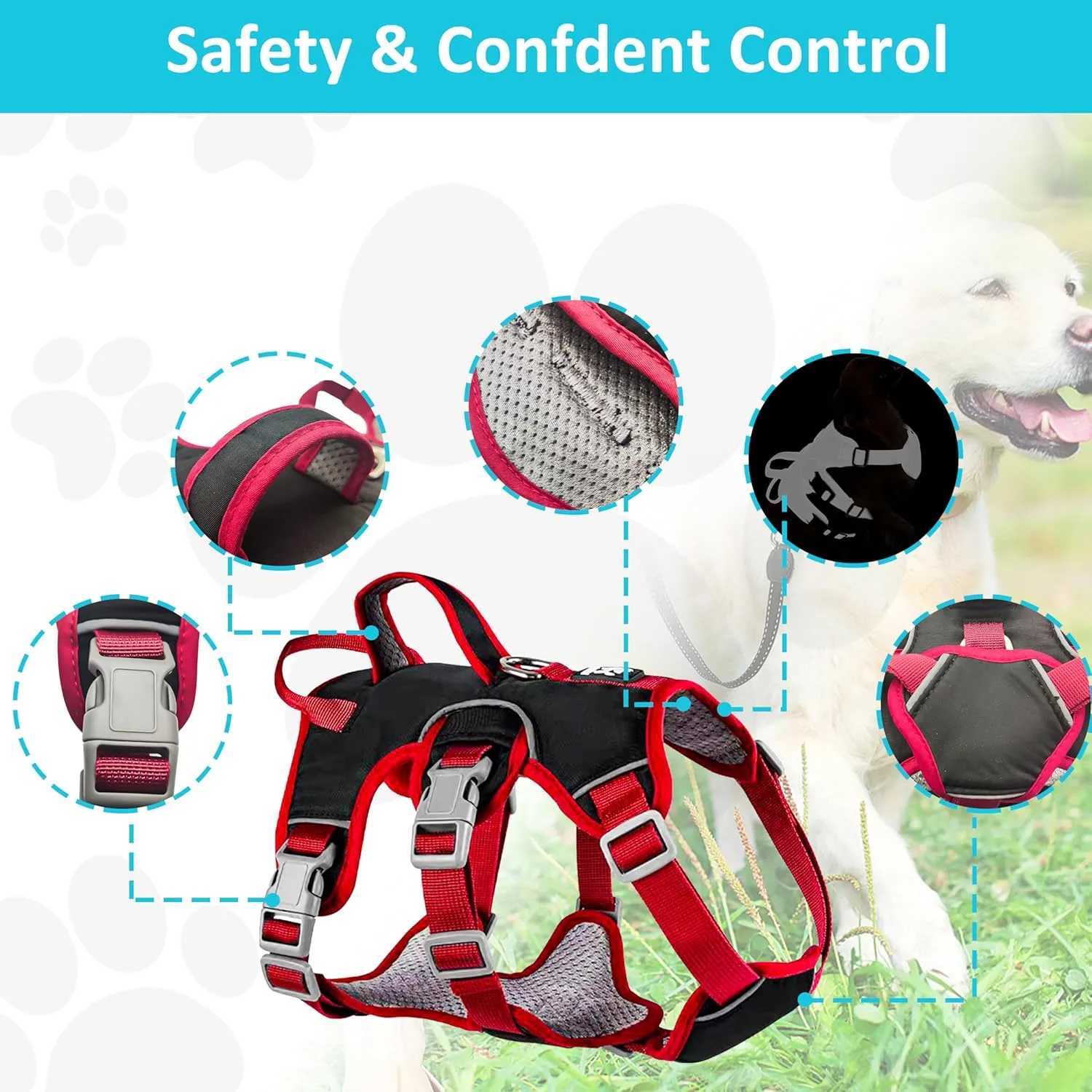 Escape Proof Dog Harness, No Pull Reflective Adjustable Vest with Easy Control Lift Handle, No Choke Soft Padded Breathable Full Body Pet Harness for Walking Hiking and Training (Red, Large)