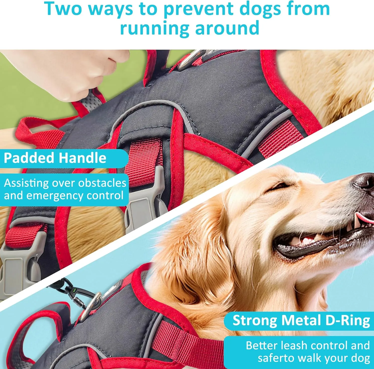Escape Proof Dog Harness, No Pull Reflective Adjustable Vest with Easy Control Lift Handle, No Choke Soft Padded Breathable Full Body Pet Harness for Walking Hiking and Training (Red, Large)